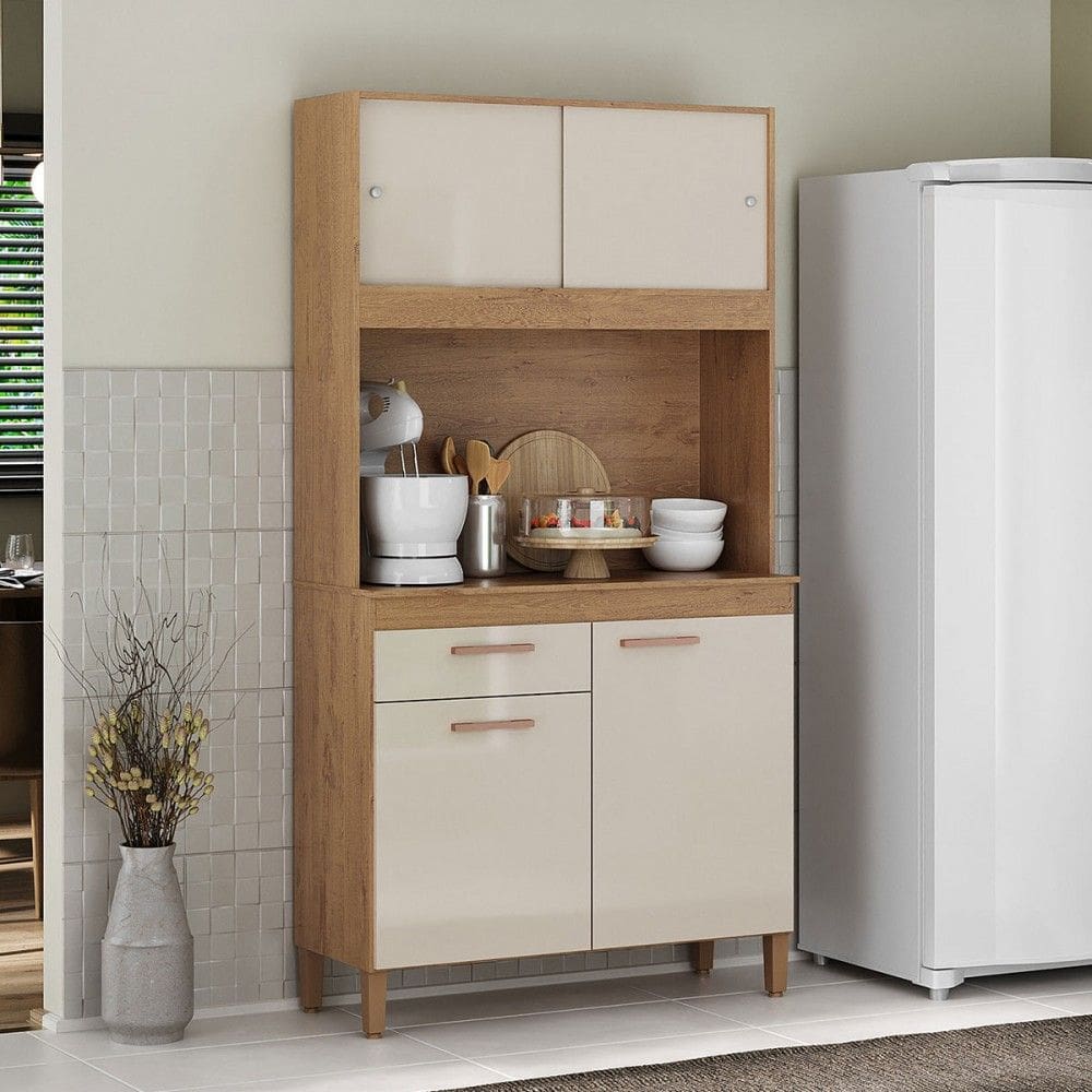 Cozinha Compacta Ceara 4 Portas 1 Gaveta Canelato Rustico/Natural Off White - Atualle Móveis
