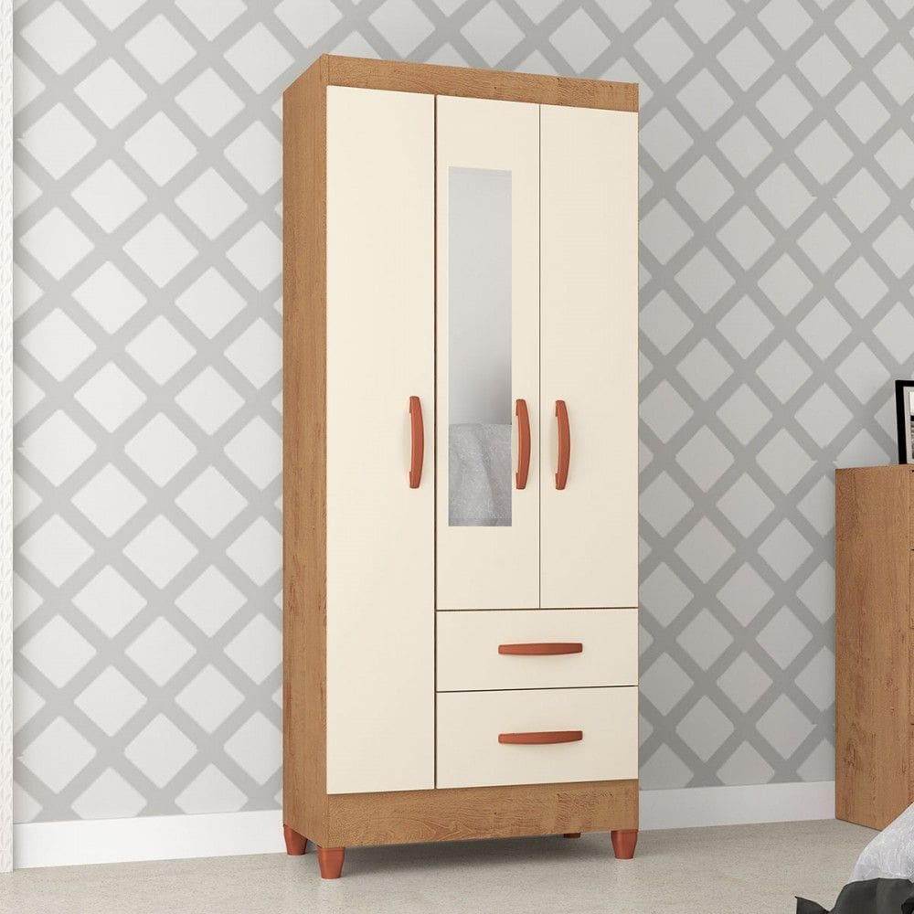 Guarda-Roupa Solteiro Fortaleza 3 Portas 2 Gavetas com Espelho Canelato Rústico/Natural/Off White - Atualle Móveis