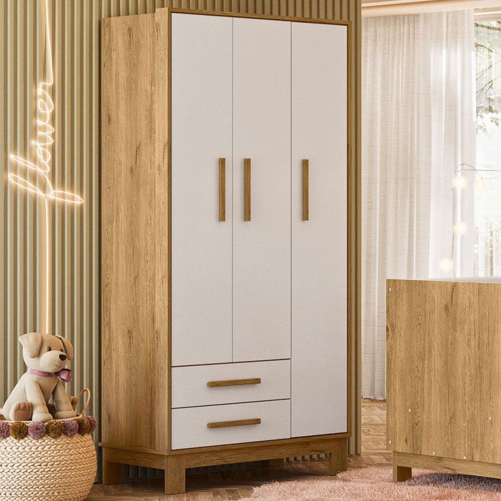 Guarda-Roupa Infantil Encanto 3 Portas 2 Gavetas Freijó/ Branco Acetinado