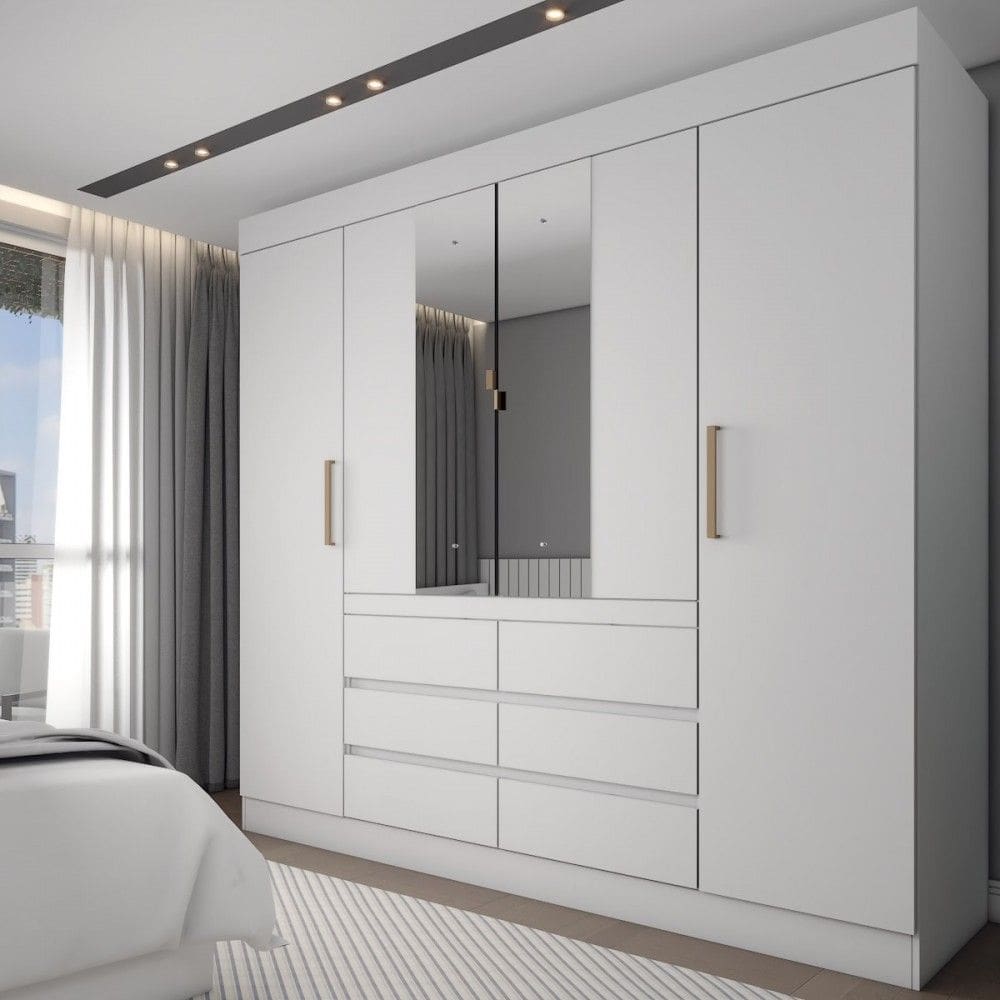 Guarda-Roupa Casal Marrom 4 Portas 6 Gavetas com Espelho Branco - Loja