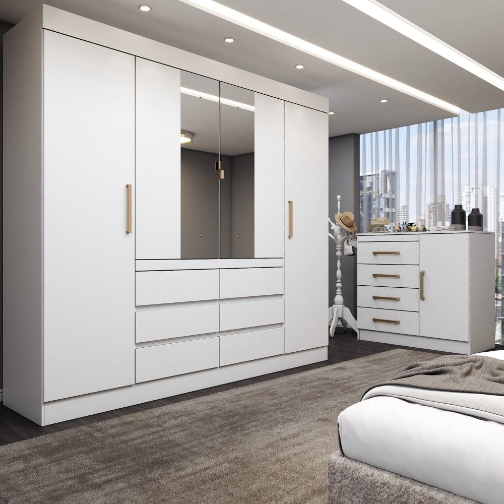 Guarda-Roupa Casal Marrom 5 Portas 10 Gavetas com Espelho Branco - Loja