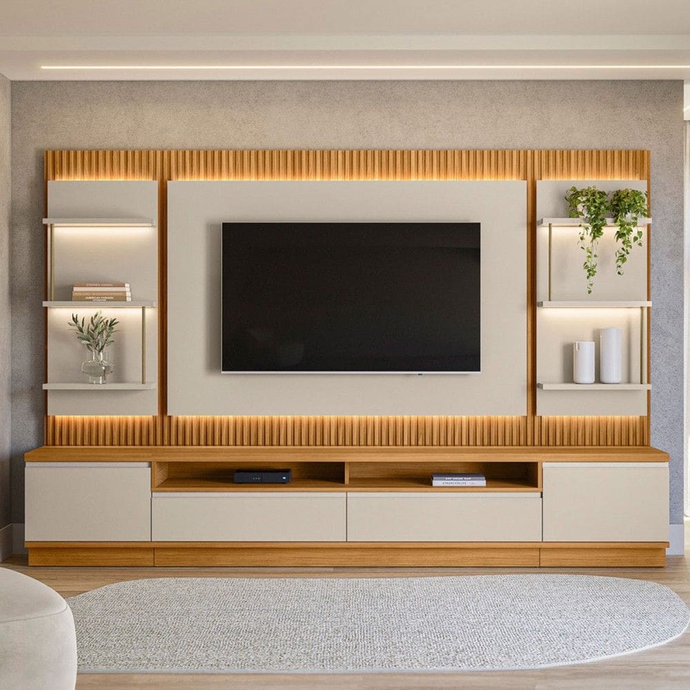 Rack com Painel para TV Até 70 Polegadas 2 Portas 2 Gavetas Ripado com Led Off White Fosco