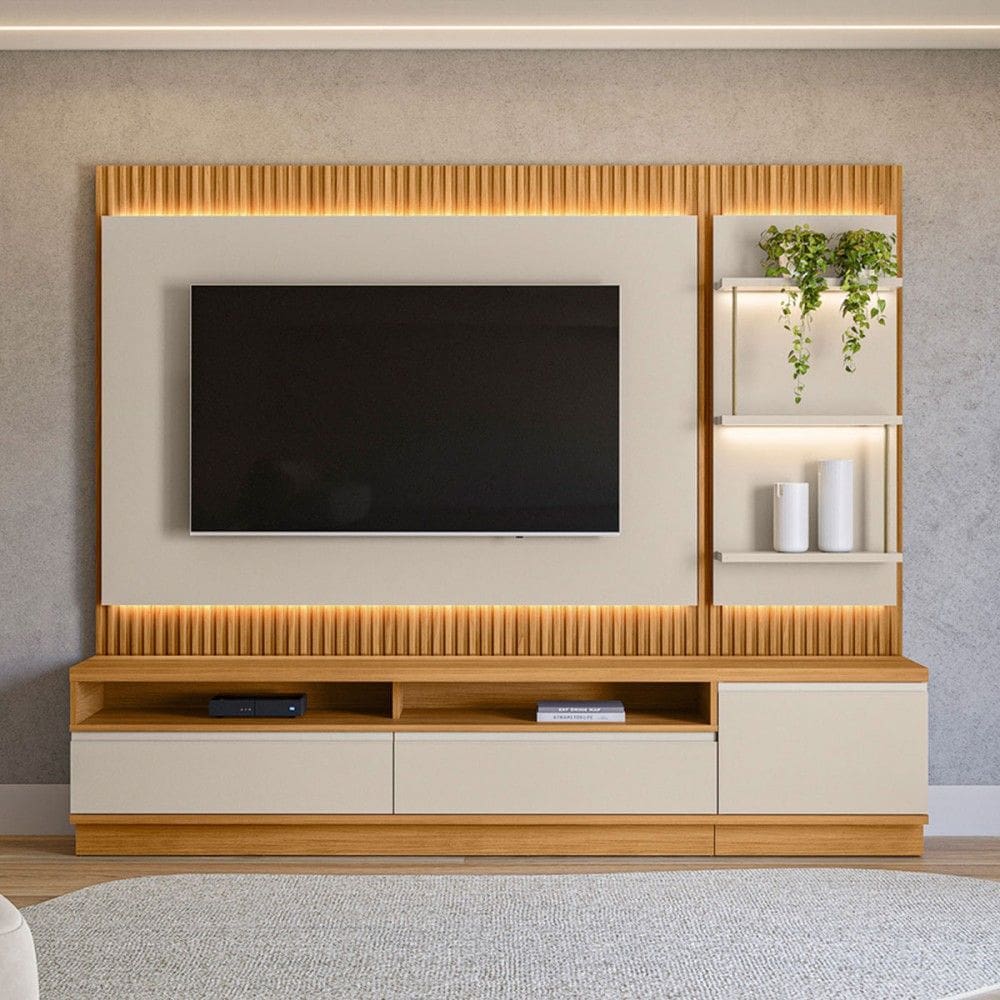 Rack com Painel para TV Até 70 Polegadas 2 Gavetas 1 Porta Ripado com Led Off White Fosco