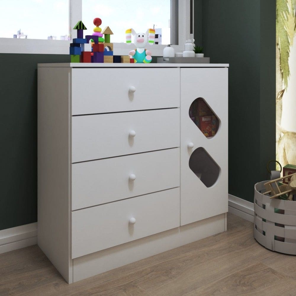 Cômoda Infantil Escotilha 1 Porta 4 Gavetas Branco - Loja