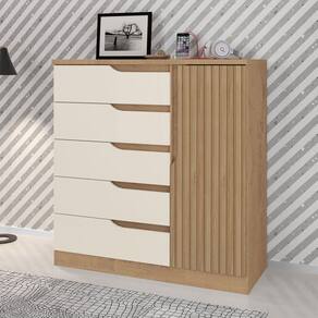 Cômoda Paris New 1 Porta 5 Gavetas Ripado 3d Natural/Off White - Atualle Móveis