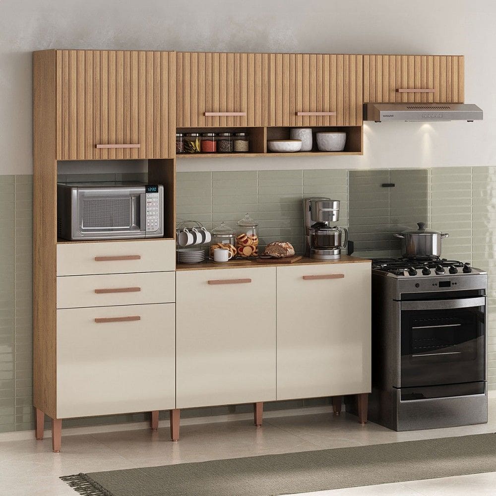Cozinha Completa Fortaleza 7 Portas 2 Gavetas Ripado 3d Canelato Rustico/Natural/Off White - Atualle Móveis