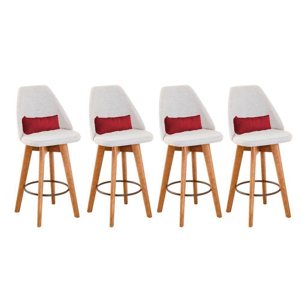 Kit 04 Banquetas Alta Maya Giratória Com Encosto Gourmet Linho Bege e Almofada Sintético Vermelho - Aurora Line