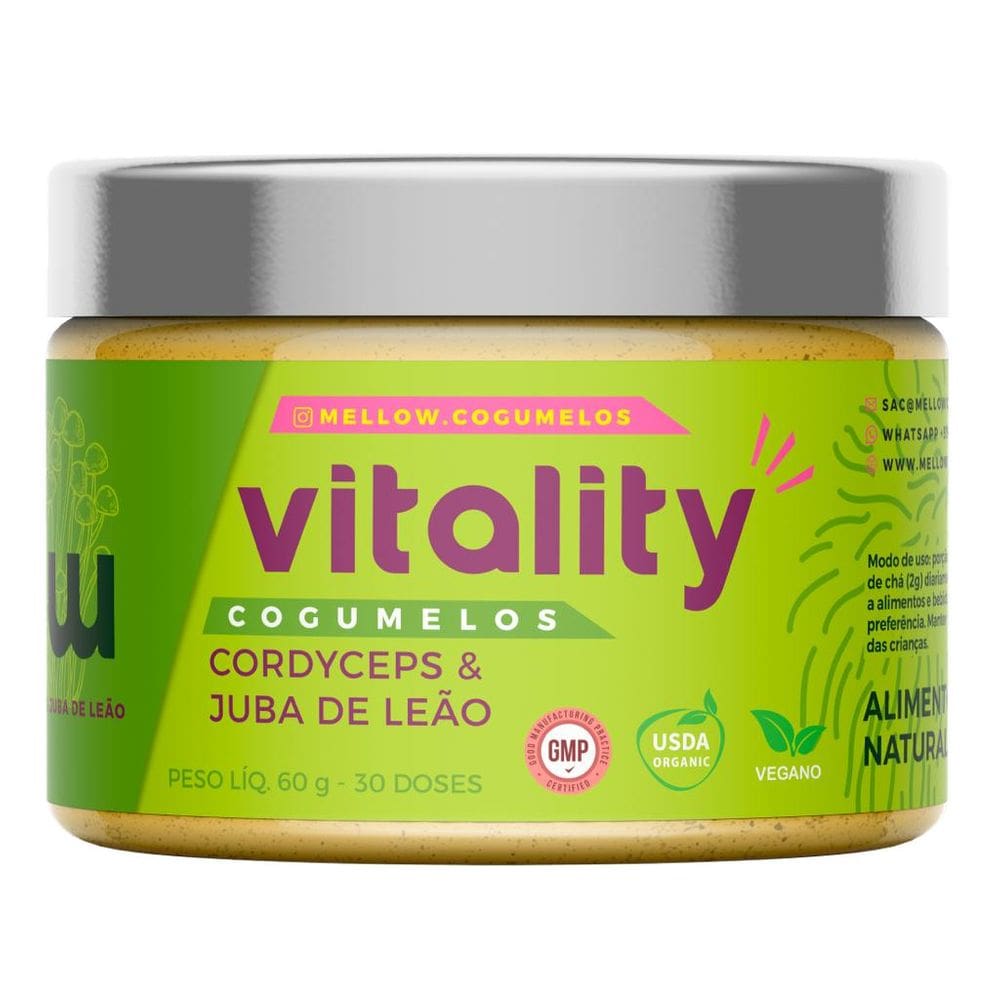 Cogumelos em Po Vitalidade Juba de Leão e Cordyceps 60g Mellow Vitality