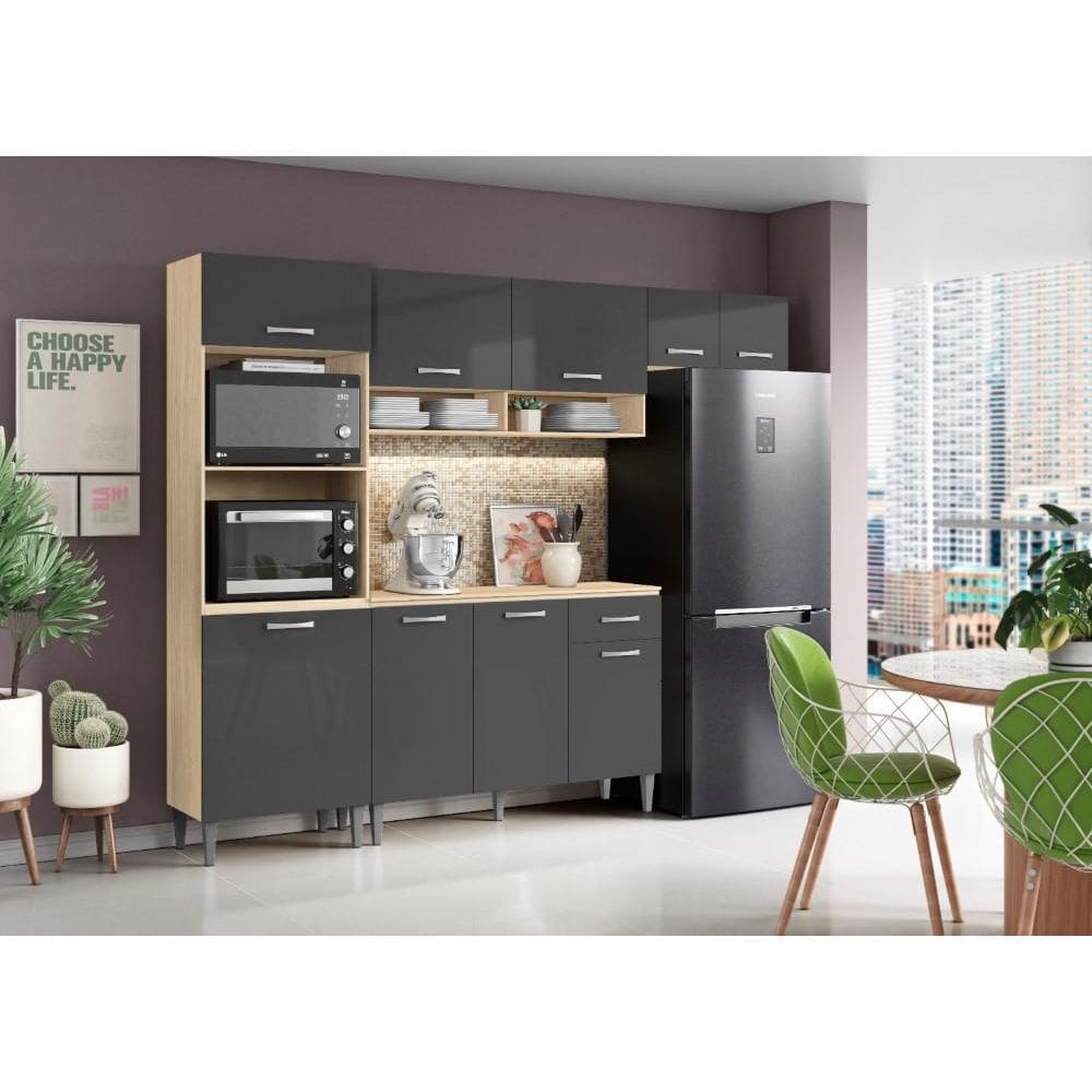 Cozinha Compacta + Balcão com Tampo Atenas  Avena/ Grafito - Aramóveis