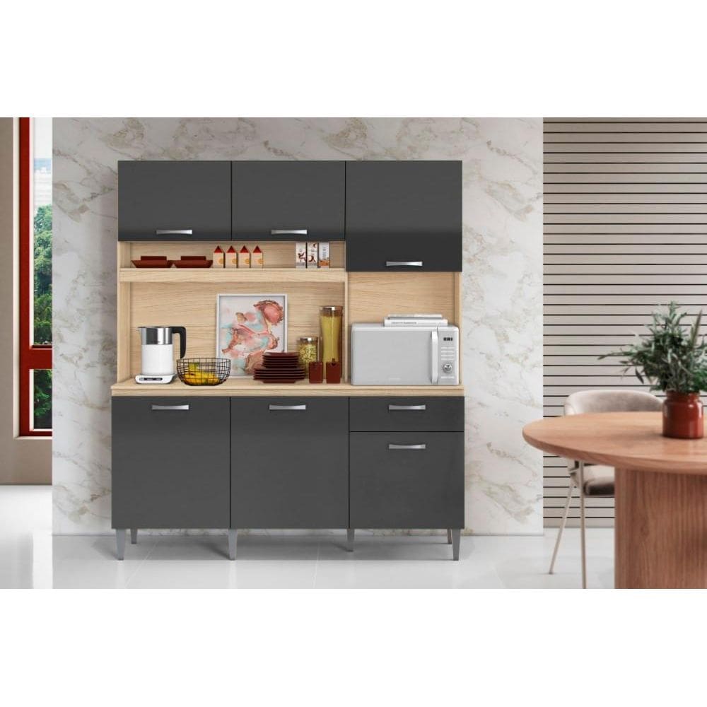 Kit Cozinha Siena 6 Portas 1 Gaveta Avena Grafito - Aramóveis
