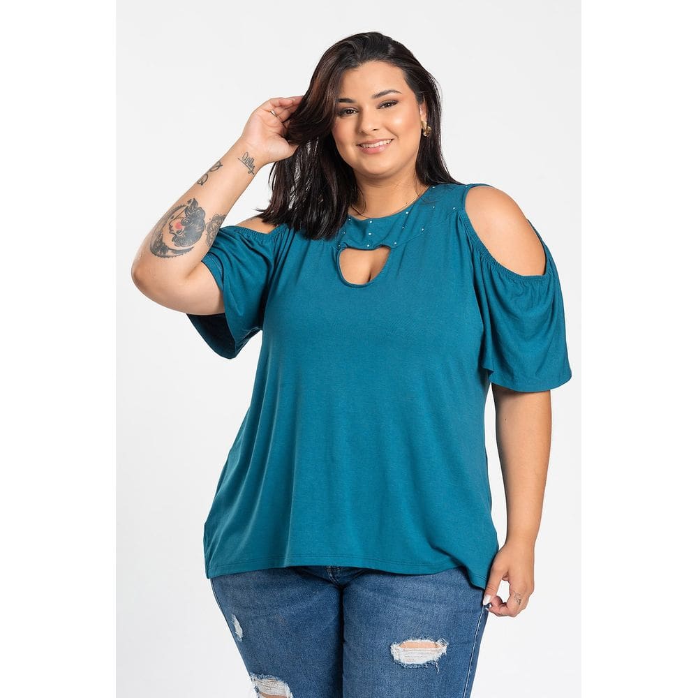 Blusa Feminina Plus Size Malha Viscose Detalhe Strass Decote - Serena