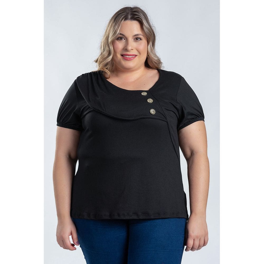 Blusa Feminina Plus Size Malha Suede Detalhe Decote c/ Botões - Serena