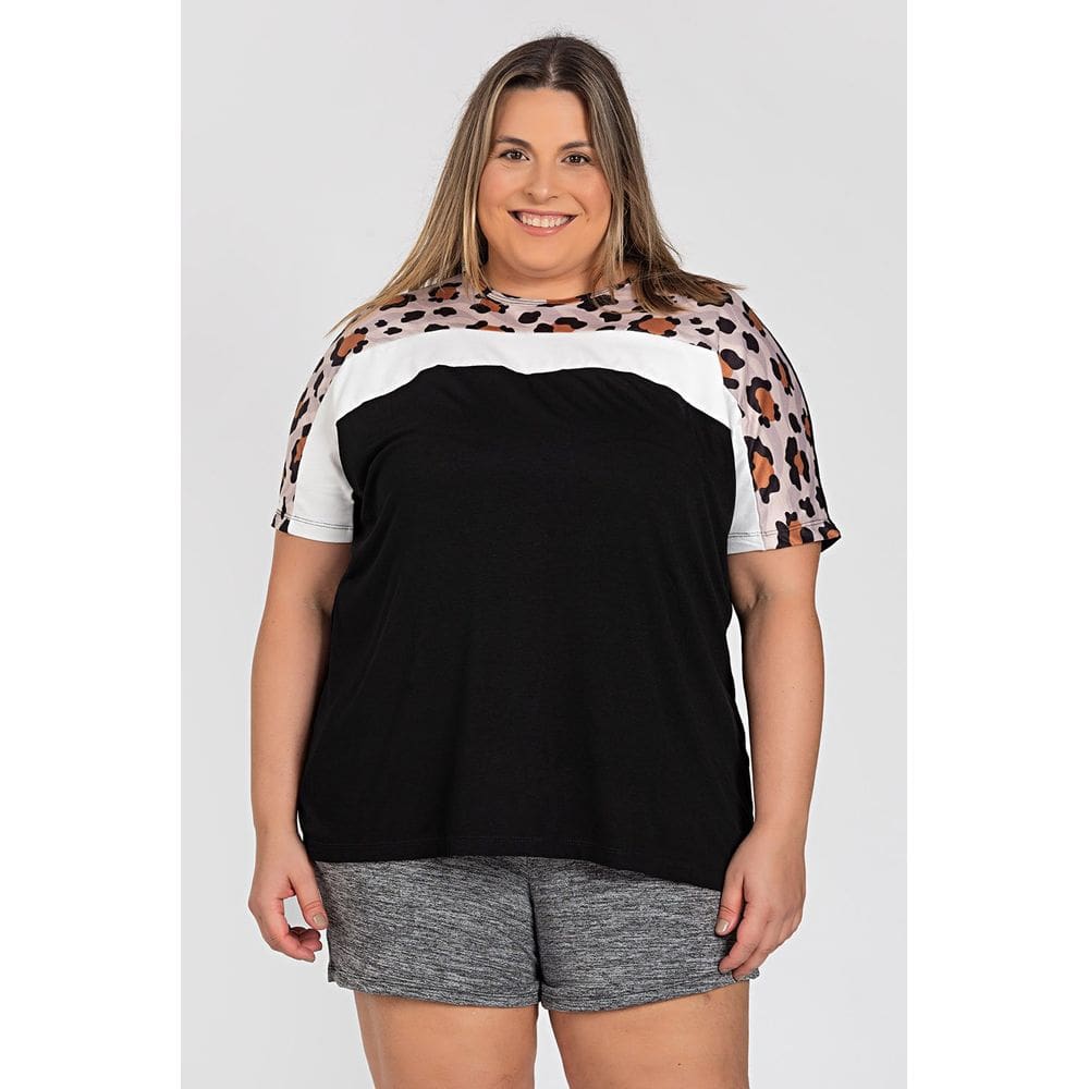 Blusa Feminina Plus Size Malha Viscose c/ Detalhe em Suede Sublimado - Serena