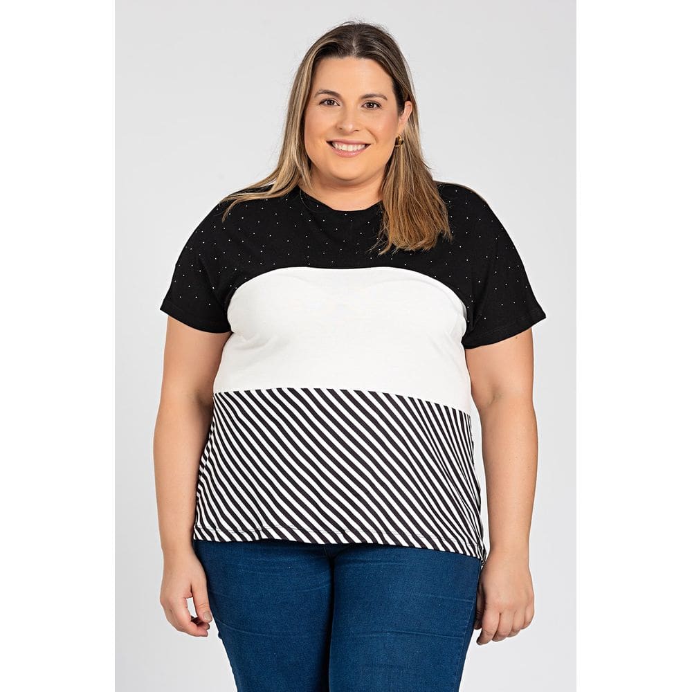 Blusa Feminina Plus Size Malha Visose Detalhe Em Brilho E Malha Listrada