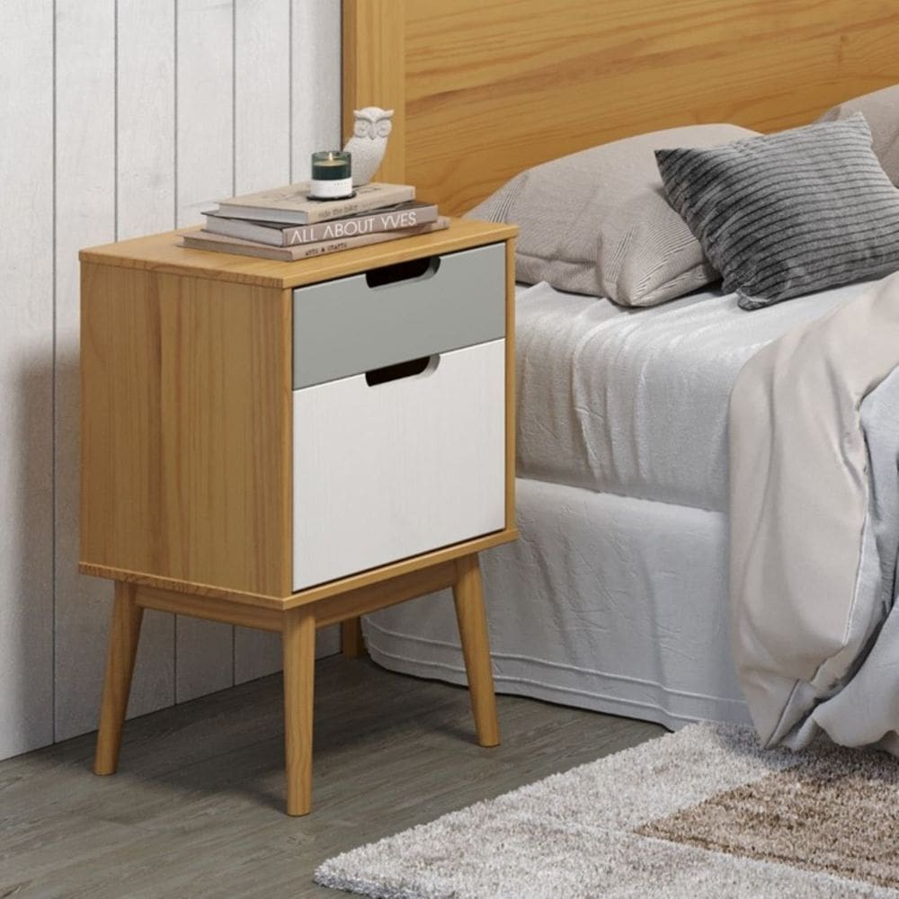 Mesa de Cabeceira 1 Porta 1 Gaveta Nórdica Yescasa Roble/Cinza/Branco