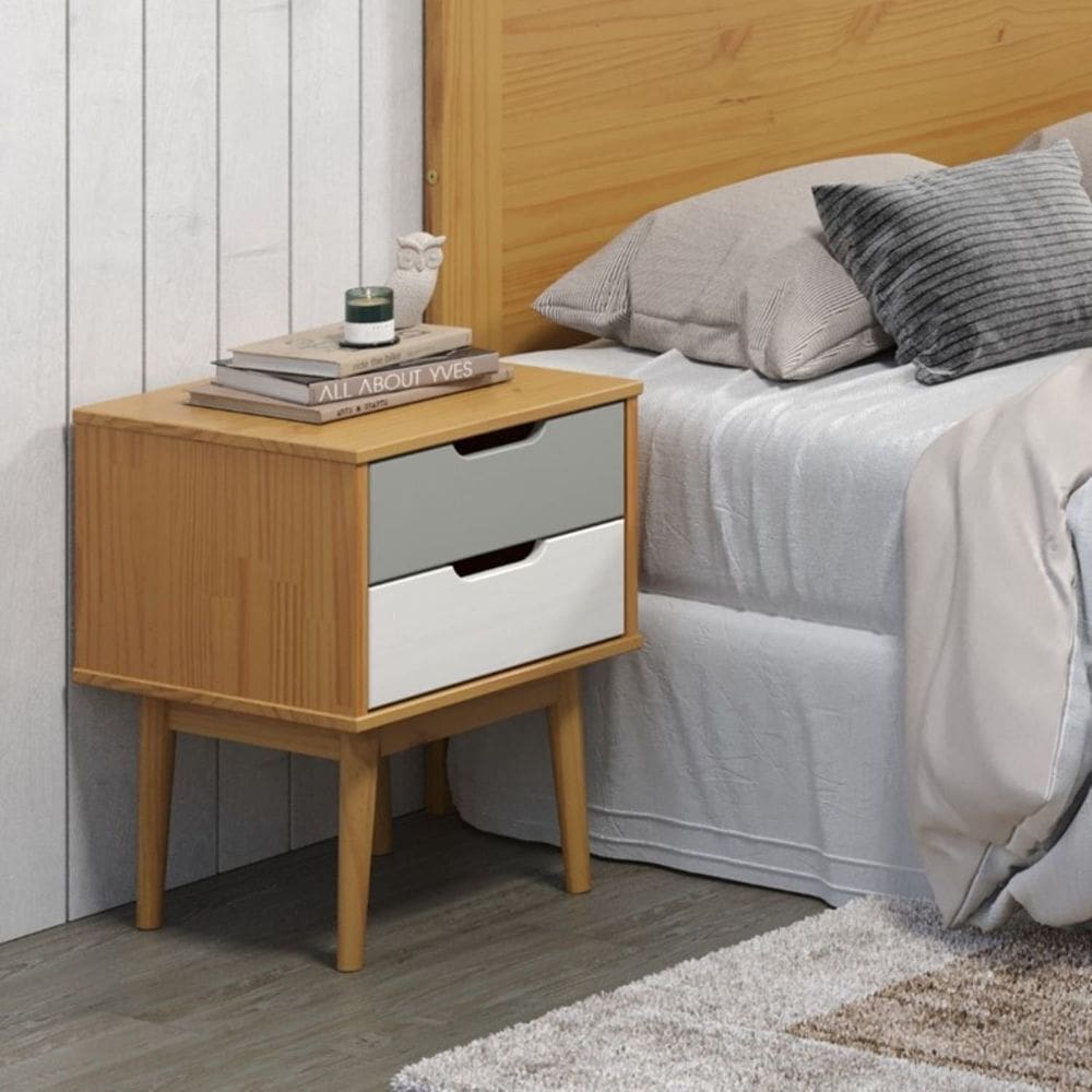 Mesa de Cabeceira 2 Gavetas Nórdica Yescasa Roble/Cinza/Branco