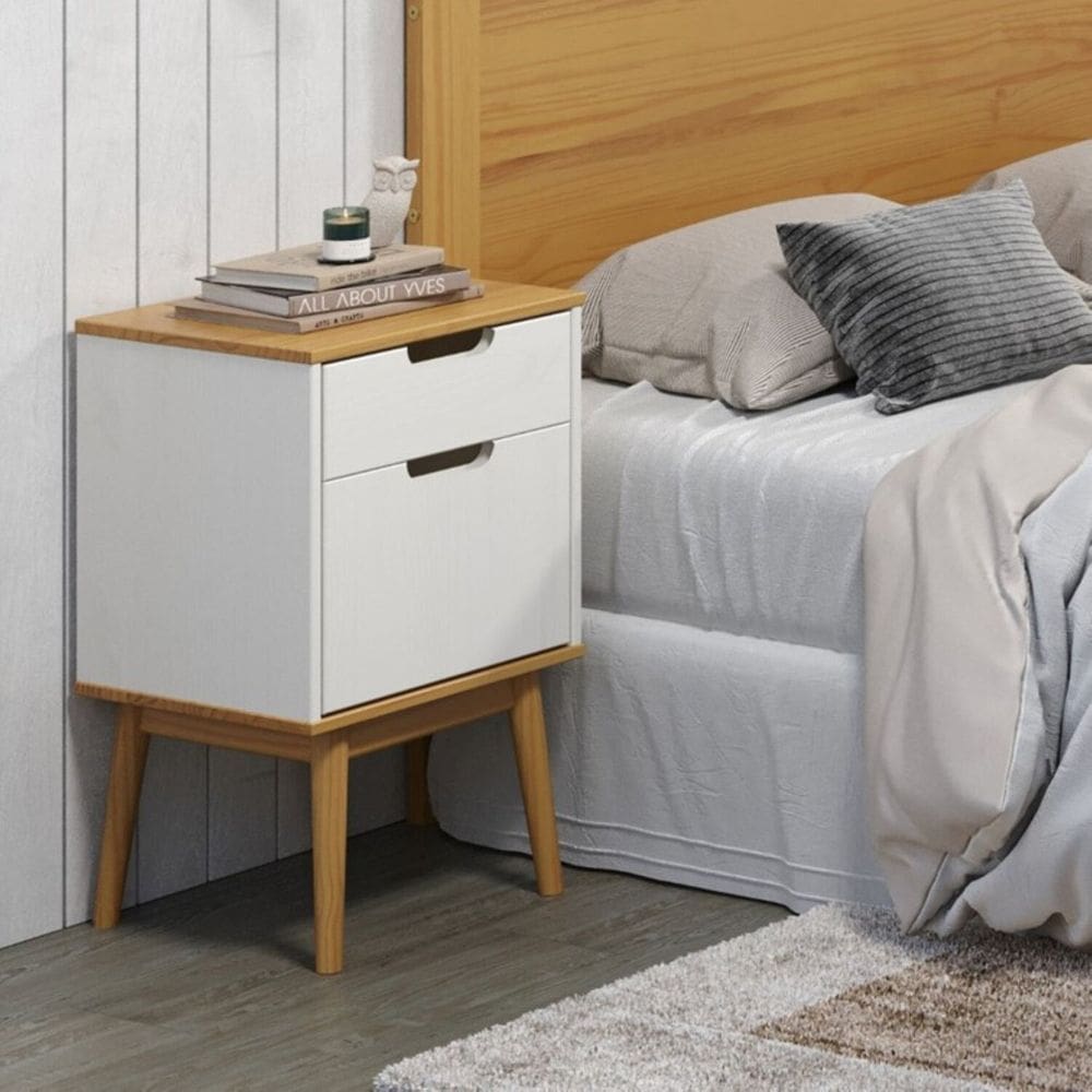 Mesa de Cabeceira 1 Porta 1 Gaveta Nórdica Yescasa ROBLE/BRANCO