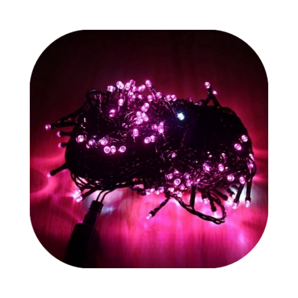 Cordão Pisca 100 Led Prova D´água Fixo Rosa Fio Verde 10m Decor Natal 220v