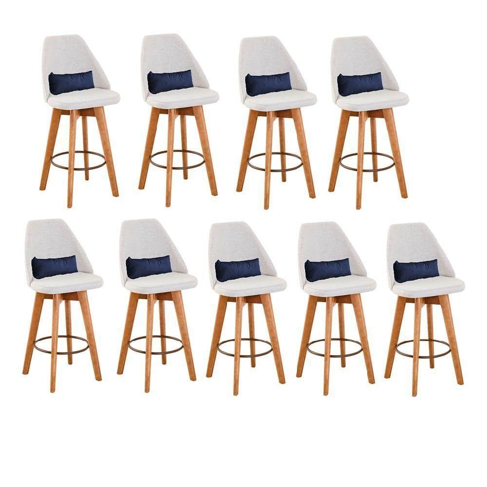 Kit 09 Banquetas Alta Maya Giratória Com Encosto Gourmet Linho Bege e Almofada Suede Azul Marinho - Aurora Line