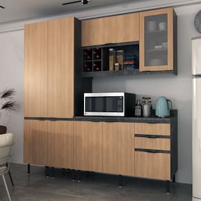 Cozinha Compacta Margarida 200cm com Tampo, 4 Peças, 8 Portas e 3 Gavetas com Divisor de Talheres Freijó