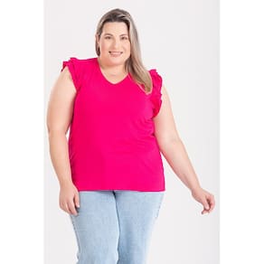 Blusa Feminina Plus Size Malha Viscose C/ Elastano Decote V Babados Ombro - Serena
