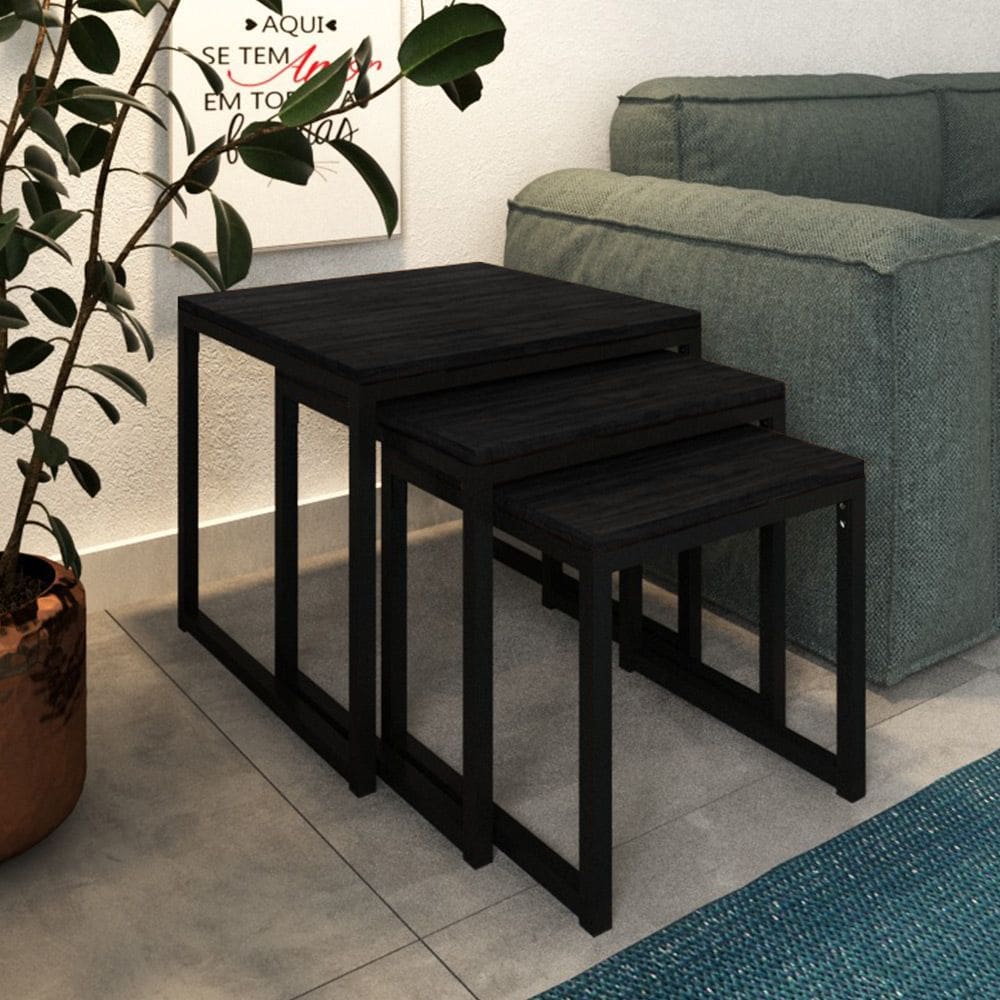 Mesa Lateral Industrial Trio Isabella Preto  e Tampo Preto