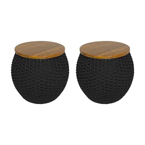 Kit 2 Puffs Barril Alumínio Tampo Madeira Corda Náutica Preto