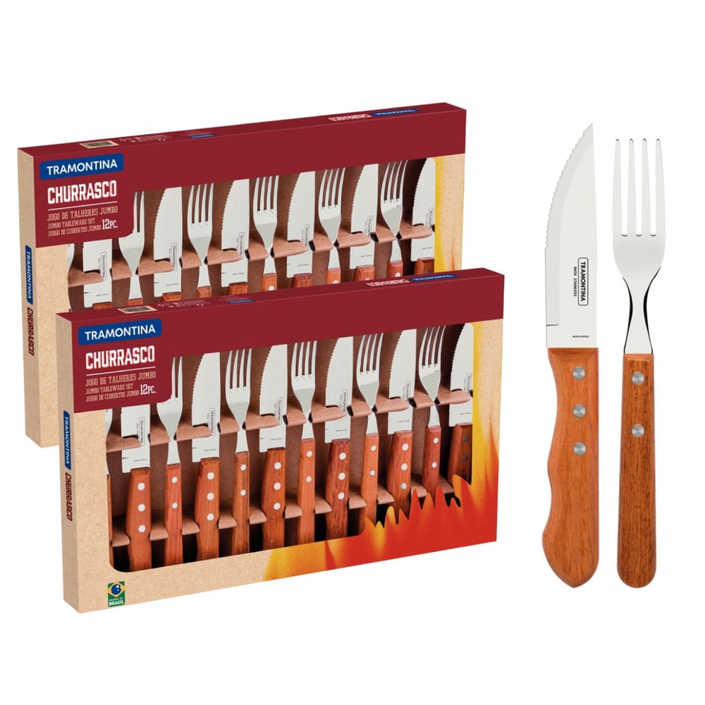 Kit Churrasco Jogo Talheres Jumbo com Cabo de Madeira 24 peças Tramontina