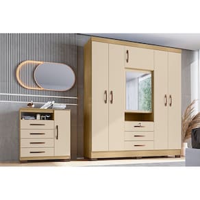 Kit Guarda Roupa Casal Roma 6 Portas com Espelho e Cômoda Sapateira 4 Gavetas Aspen Carvalho Off White I01- Clique Chique Móveis