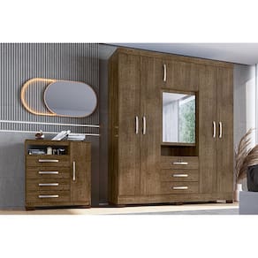 Kit Guarda Roupa Casal Roma 6 Portas com Espelho e Cômoda Sapateira 4 Gavetas Aspen Malbec I01- Clique Chique Móveis