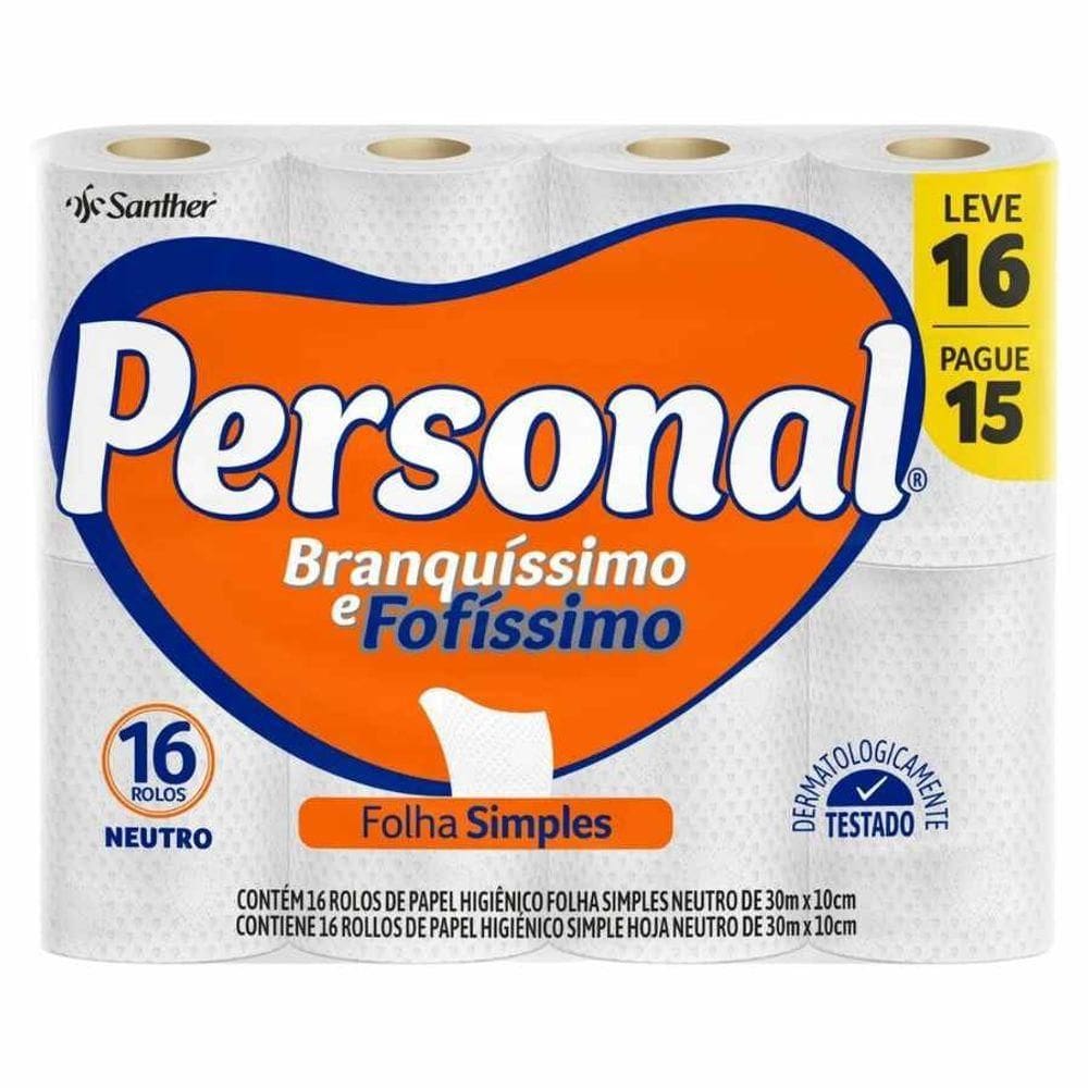 Papel Higiênico Personal Folha Simples 30m C/16
