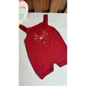 Jardineira Romper Natal Rena Com Laço Vermelho