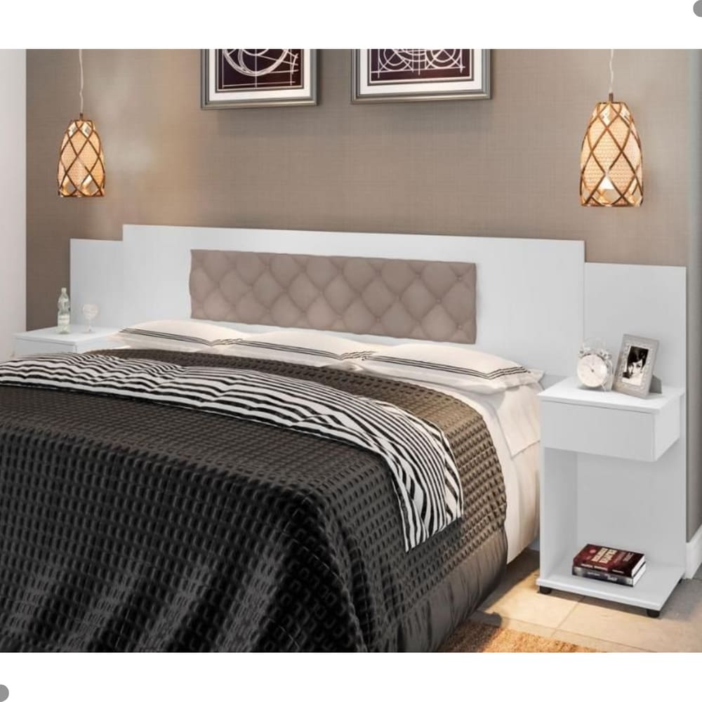 Cabeceira Box Bruna Branco com Capitonê Bege Claro