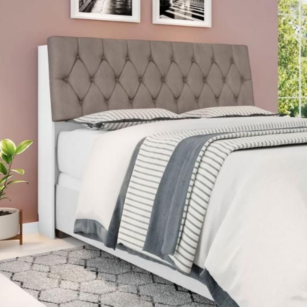 Cabeceira Box Casal Isis Branco com Capitonê Bege Escuro