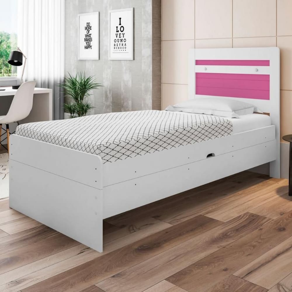 Cama Baú Solteiro Larissa Branco e Rosa