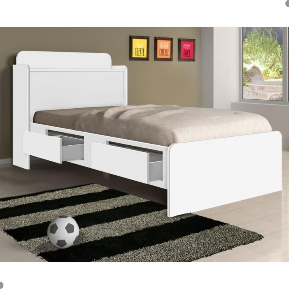 Cama Solteiro Tamires Baú Branco com Gavetas