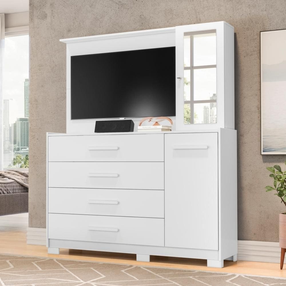 Cômoda Veneza Branco com Espelho e Painel para TVs