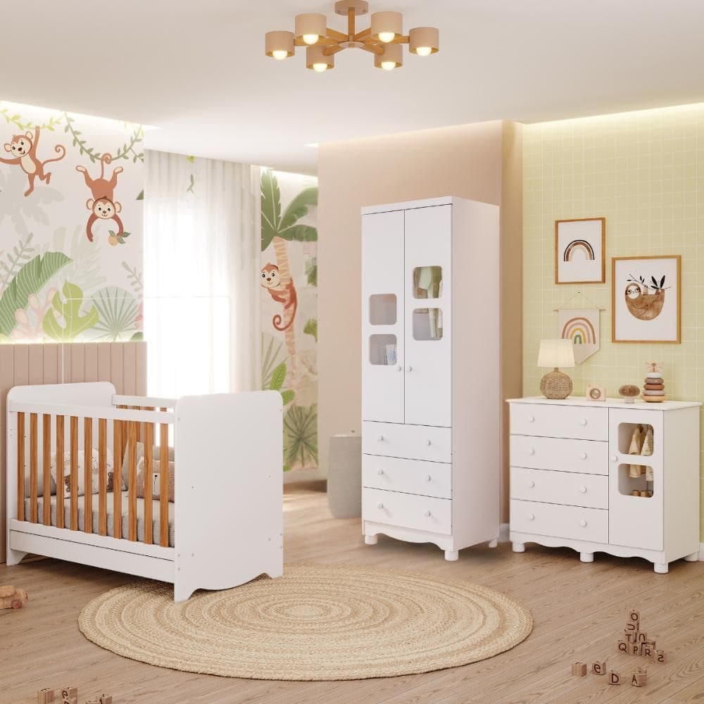Quarto Bebê Completo Berço Americano  Ben 3 em 1 Guarda Roupas 2 Portas Cômoda Uli 100% MDF