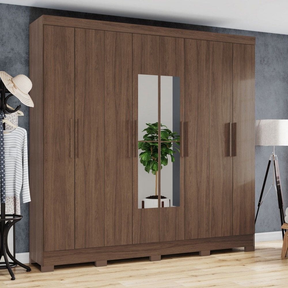 Guarda-Roupa Casal 8 Portas 4 Gavetas com Espelho Castanho - Briz