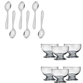 Jogo de Sobremesa Sorvetes Pudim Bolo 6 Taças Vidro 220ml 6 Colheres Inox