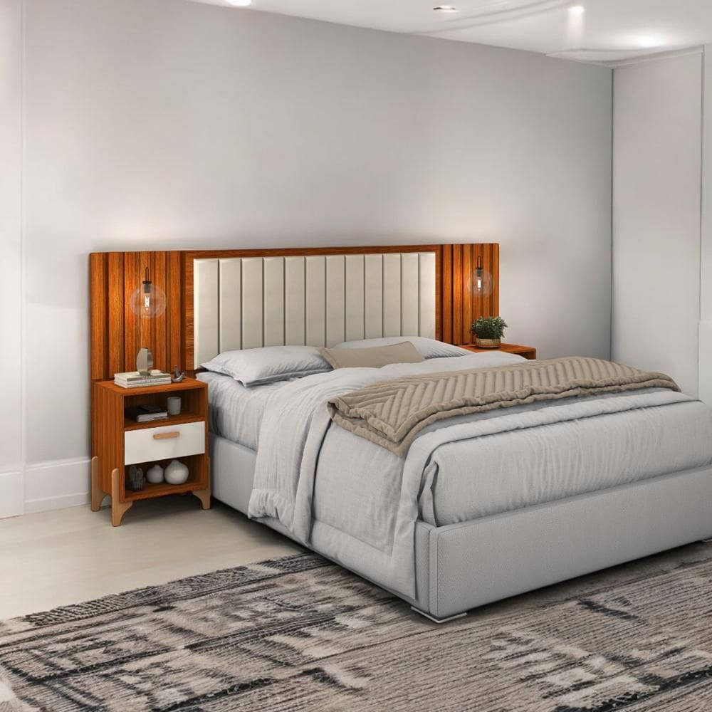 Cabeceira Estofada Casal Vancouver Cinamomo e Off White Ripado