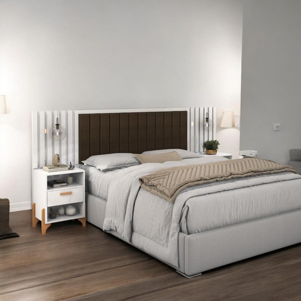 Cabeceira Estofada Casal Vancouver Branco e Café Ripado