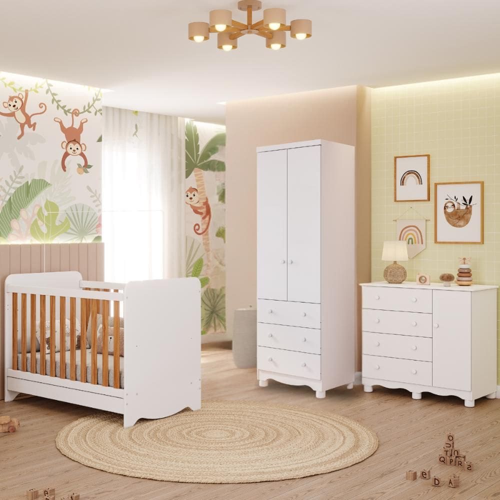 Quarto Bebê Completo Berço Americano Ben 3 em 1 Guarda Roupas 2 Portas Cômoda Junior 100% MDF