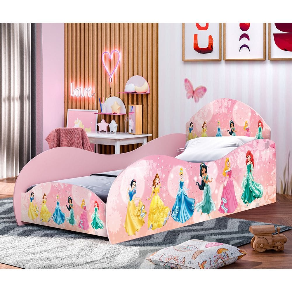 Cama Infantil Princesas Tamanho Solteiro e Colchão Gd Moveis - Princesas / Rosa