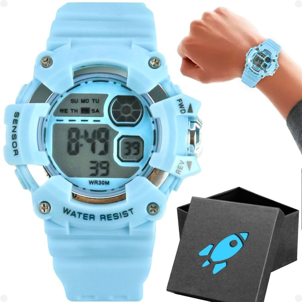 Relógio Digital Infantil Pulseira Silicone Ajustável + Caixa Tema Foguete - Orizom Kids