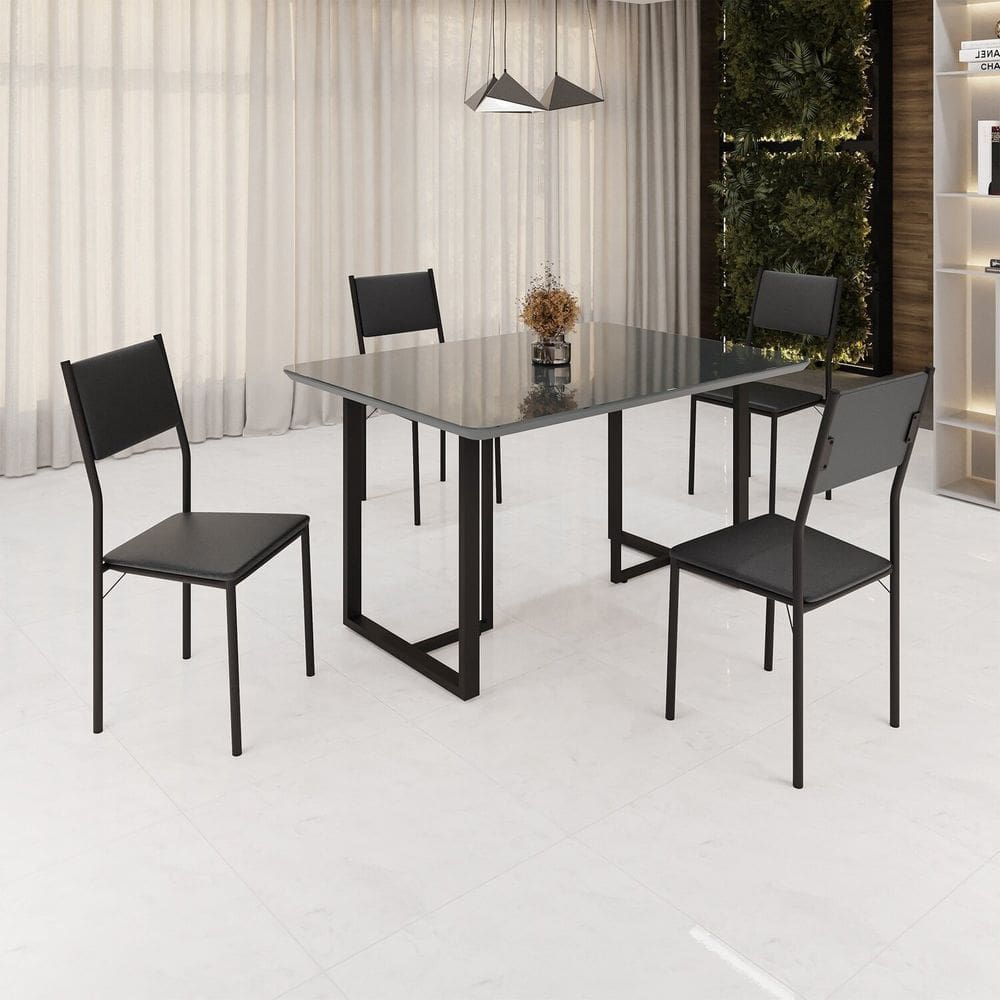 Conjunto Sala de Jantar Mesa 120x90cm Base Lunna Tampo Mdf Laca com Vidro Florença Preto