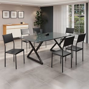 Conjunto Sala de Jantar Mesa 160x90cm Base Império Tampo Mdf Laca com Vidro Florença Preto