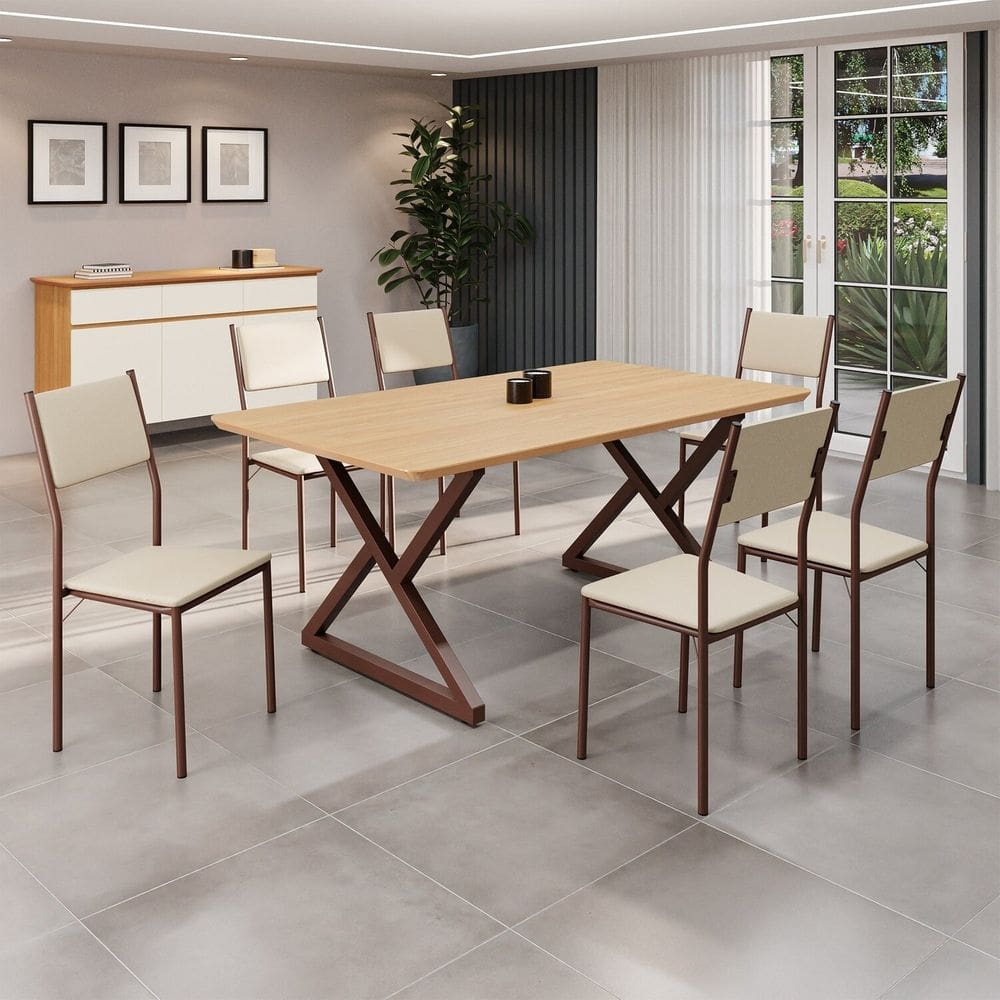 Conjunto Sala de Jantar Mesa 160x90cm Base Império Tampo Mdf Florença Creme/Marrom
