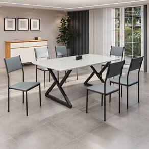 Conjunto Sala de Jantar Mesa 160x90cm Base Império Tampo Mdf Laca com Vidro Florença Grafite/Preto