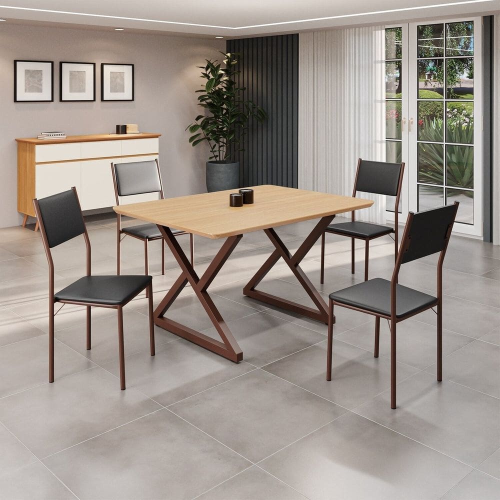 Conjunto Sala de Jantar Mesa 120x90cm Base Império Tampo Mdf Florença Preto/Marrom